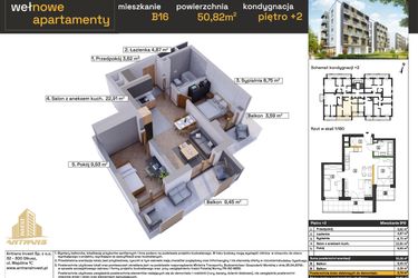 Rzut - Mieszkanie na sprzedaż 3 pokoje o powierzchni 50,92 m² - numer B16 w Osiedle Wełnowe Apartamenty
