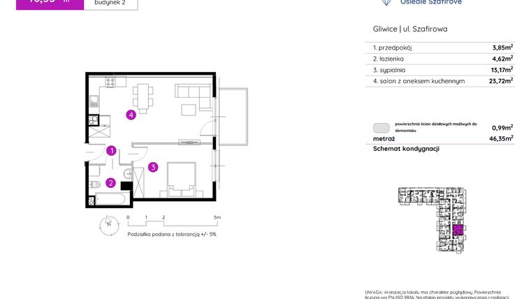 Rzut - Mieszkanie na sprzedaż 2 pokoje o powierzchni 46,35 m² - numer 2.A.4.04 w Murapol Osiedle Szafirove II