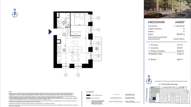 Rzut - Mieszkanie na sprzedaż 1 pokój o powierzchni 37,38 m² - numer AA0207 w Niedziałkowskiego Park