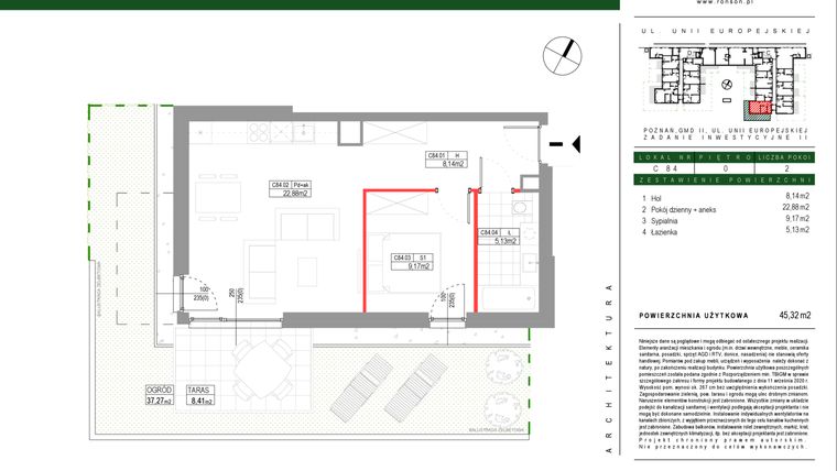 Rzut - Mieszkanie na sprzedaż 2 pokoje o powierzchni 45,32 m² - numer C084 w Grunwald Między Drzewami etap III