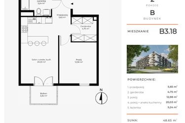 Rzut - Mieszkanie na sprzedaż 2 pokoje o powierzchni 48,65 m² - numer B3.18 w Enklawa Bukowa II