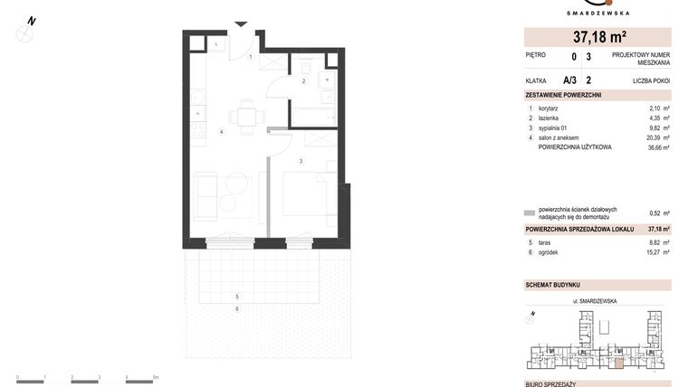 Rzut - Mieszkanie na sprzedaż 2 pokoje o powierzchni 37,18 m² - numer A/3/0.3 w Smardzewska 8