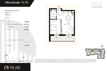 Rzut - Mieszkanie na sprzedaż 2 pokoje o powierzchni 42,78 m² - numer M56 w Aleja Krakowska 201