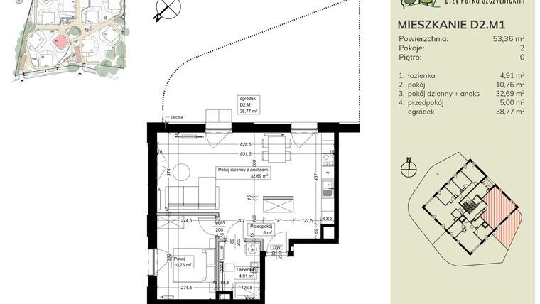 Rzut - Mieszkanie na sprzedaż 2 pokoje o powierzchni 53,36 m² - numer D2.M1 w Apartamenty przy Parku Szczytnickim