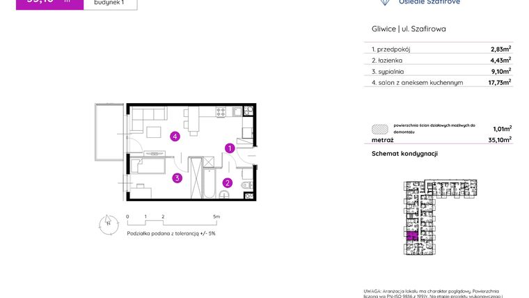 Rzut - Mieszkanie na sprzedaż 2 pokoje o powierzchni 35,1 m² - numer 1.A.4.08 w Murapol Osiedle Szafirove II