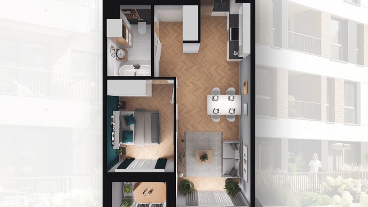 Rzut - Mieszkanie na sprzedaż 2 pokoje o powierzchni 43,17 m² - numer B2.8 w Quercus