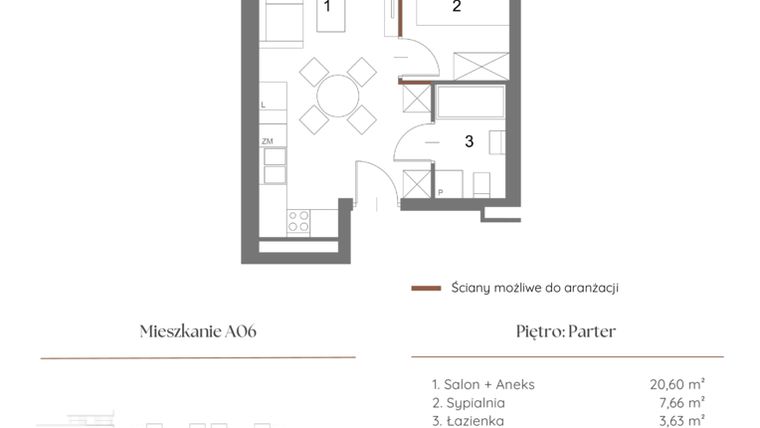 Rzut - Mieszkanie na sprzedaż 1 pokój o powierzchni 32,34 m² - numer A06 w Dąbrowskiego 9