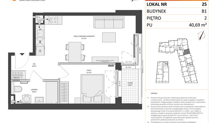Rzut - Mieszkanie na sprzedaż 2 pokoje o powierzchni 40,69 m² - numer B1.25 w Zajezdnia Motława