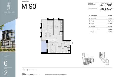 Rzut - Mieszkanie na sprzedaż 2 pokoje o powierzchni 47,97 m² - numer M90 w Sky Trust etap II