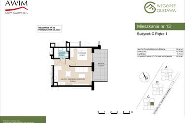 Rzut - Mieszkanie na sprzedaż 2 pokoje o powierzchni 35,05 m² - numer C13 w Wzgórze Gustawa