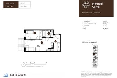 Rzut - Mieszkanie na sprzedaż 2 pokoje o powierzchni 41,67 m² - numer 2.A.0.08 w Murapol Corfa