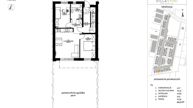 Rzut - Mieszkanie na sprzedaż 3 pokoje o powierzchni 50,73 m² - numer O3 w Villa Stoki (mieszkania)