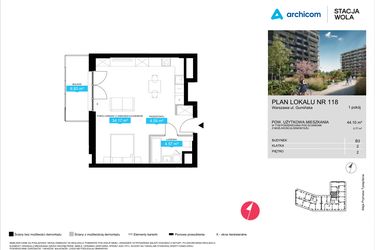 Rzut - Mieszkanie na sprzedaż 1 pokój o powierzchni 44,1 m² - numer B3.118 w Stacja Wola - Etap III