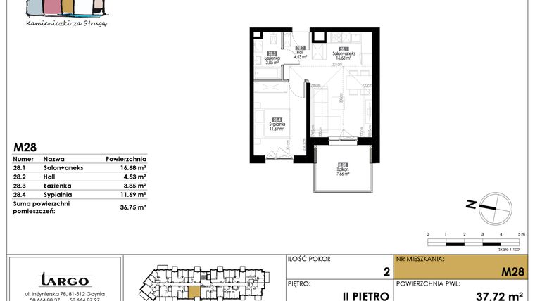 Rzut - Mieszkanie na sprzedaż 2 pokoje o powierzchni 36,75 m² - numer M28 w Kamieniczki za Strugą