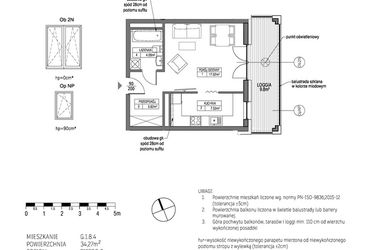 Rzut - Mieszkanie na sprzedaż 1 pokój o powierzchni 34,27 m² - numer G.1.8.4 w City Park bud. G i H