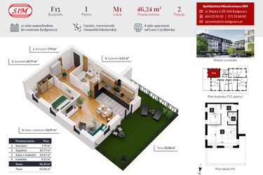 Rzut - Mieszkanie na sprzedaż 2 pokoje o powierzchni 46,24 m² - numer 1 w Tęczowy Zakątek F-15