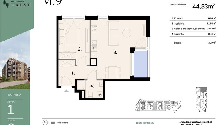 Rzut - Mieszkanie na sprzedaż 2 pokoje o powierzchni 44,83 m² - numer A - M.9 w Dzielnica Trust