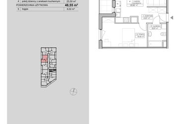 Rzut - Mieszkanie na sprzedaż 2 pokoje o powierzchni 48,55 m² - numer 2.A111 w Niebieski Bursztyn II
