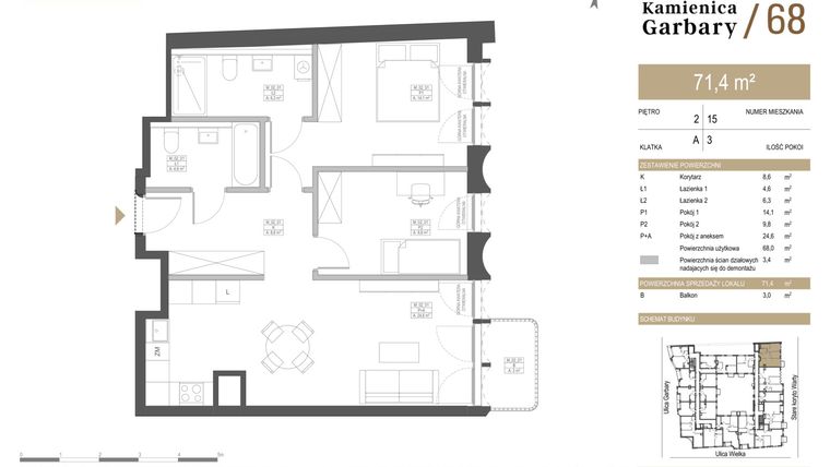 Rzut - Mieszkanie na sprzedaż 3 pokoje o powierzchni 71,4 m² - numer 15 w Garbary 68