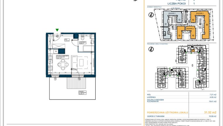Rzut - Mieszkanie na sprzedaż 1 pokój o powierzchni 31,52 m² - numer 171 w Osiedle Hemara - etap III bud. 2 i 3