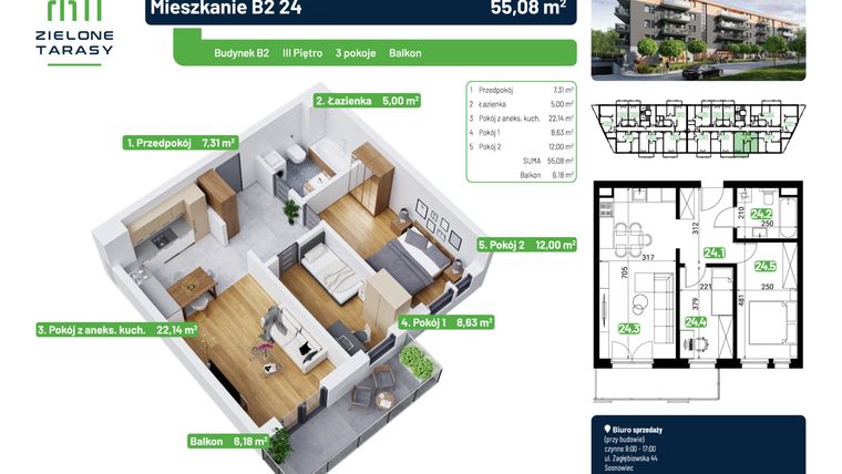 Rzut - Mieszkanie na sprzedaż 3 pokoje o powierzchni 55,08 m² - numer B2.24 w Zielone Tarasy