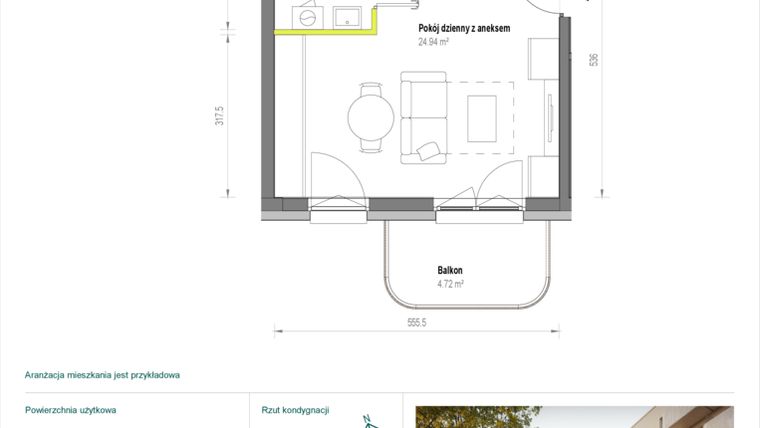 Rzut - Mieszkanie na sprzedaż 1 pokój o powierzchni 28,89 m² - numer A/2/73 w Skorosze Vita