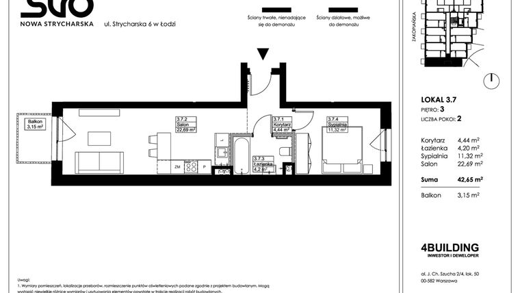 Rzut - Mieszkanie na sprzedaż 2 pokoje o powierzchni 42,65 m² - numer 3.7 w Nowa Strycharska | STR 6