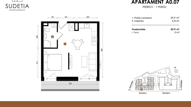 Rzut - Mieszkanie na sprzedaż 1 pokój o powierzchni 32,91 m² - numer A 0.07 w Apartamenty Sudetia