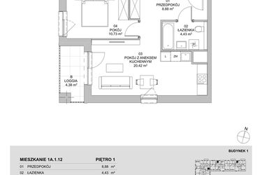 Rzut - Mieszkanie na sprzedaż 2 pokoje o powierzchni 44,46 m² - numer 1A.1.12 w Francuska Park VIIIB