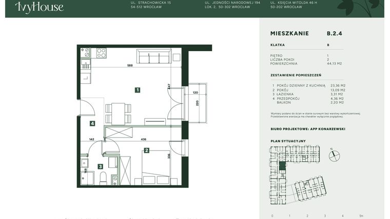 Rzut - Mieszkanie na sprzedaż 3 pokoje o powierzchni 44,13 m² - numer B.2.4 w IVY HOUSE