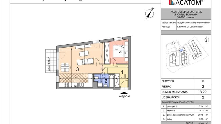 Rzut - Mieszkanie na sprzedaż 2 pokoje o powierzchni 51,34 m² - numer B22 w Daszyńskiego Park