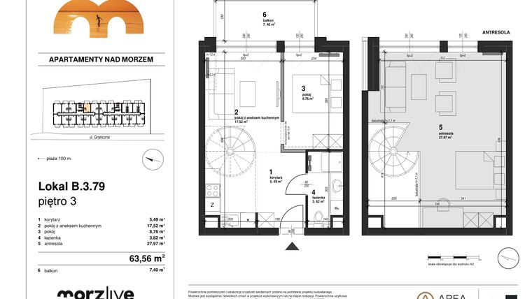 Rzut - Mieszkanie na sprzedaż 2 pokoje o powierzchni 63,56 m² - numer B.3.79 w Morzlive