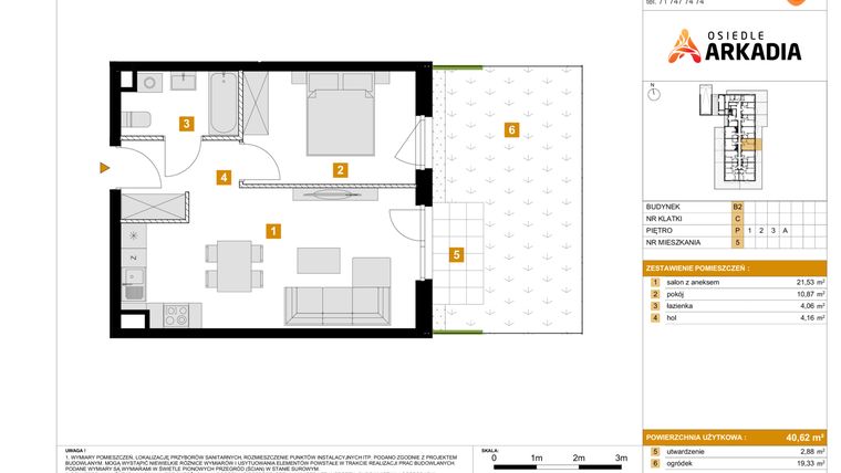 Rzut - Mieszkanie na sprzedaż 2 pokoje o powierzchni 40,62 m² - numer 5 w Osiedle Arkadia