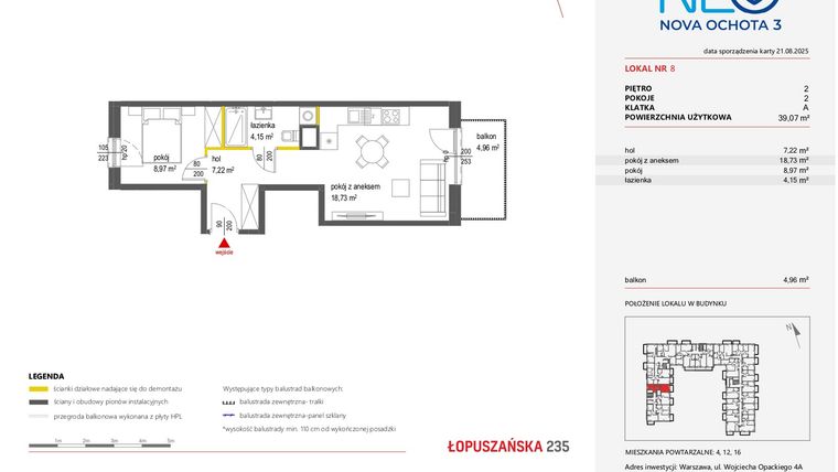 Rzut - Mieszkanie na sprzedaż 2 pokoje o powierzchni 39,07 m² - numer 8 w Neo Nova Ochota 3