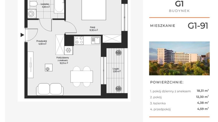 Rzut - Mieszkanie na sprzedaż 2 pokoje o powierzchni 39,58 m² - numer G1-91 w Piasta Park VI