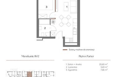 Rzut - Mieszkanie na sprzedaż 2 pokoje o powierzchni 32,25 m² - numer B02 w Dąbrowskiego 9
