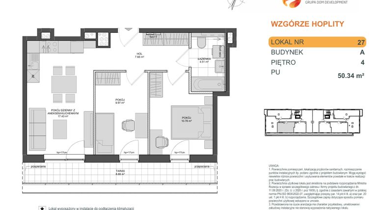 Rzut - Mieszkanie na sprzedaż 3 pokoje o powierzchni 50,34 m² - numer 1_1_A_4_27 w Wzgórze Hoplity