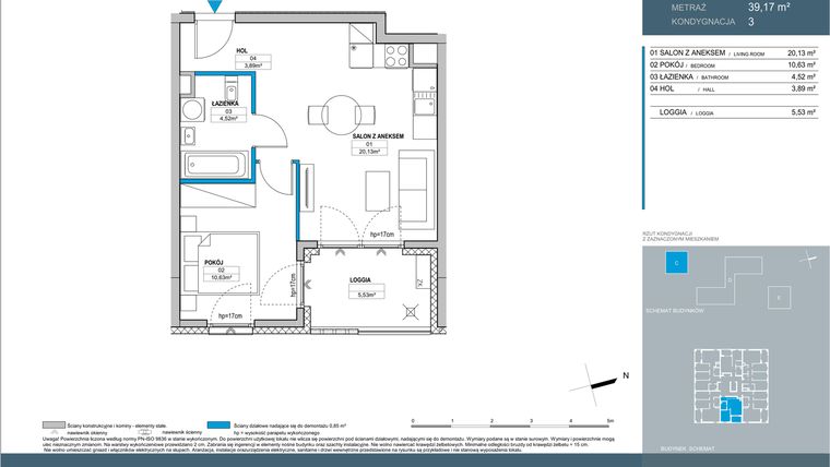 Rzut - Mieszkanie na sprzedaż 2 pokoje o powierzchni 39,21 m² - numer C.3.05 w Nordic Bemowo - etap IV