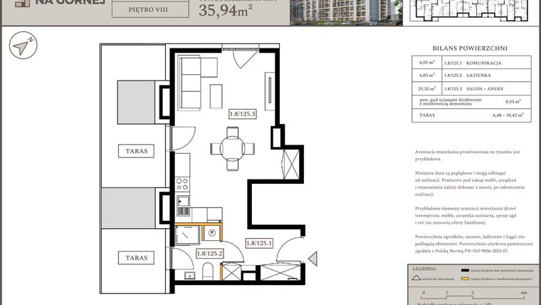Rzut - Mieszkanie na sprzedaż 1 pokój o powierzchni 35,41 m² - numer M125 w Osiedle Na Górnej etap V
