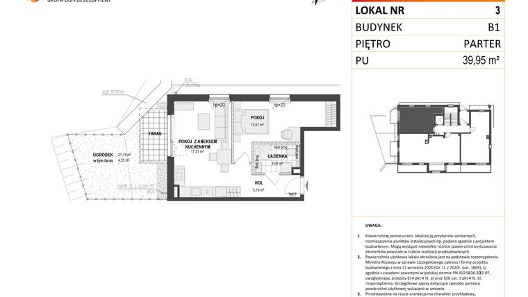 Rzut - Mieszkanie na sprzedaż 2 pokoje o powierzchni 39,95 m² - numer B1 3 w Wzgórze Markowca