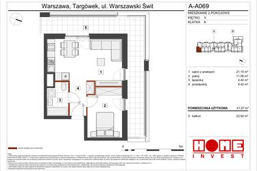 Rzut - Mieszkanie na sprzedaż 2 pokoje o powierzchni 41,07 m² - numer A-A069 w Warszawski Świt etap VII
