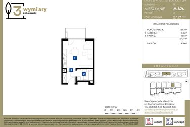 Rzut - Mieszkanie na sprzedaż 1 pokój o powierzchni 27,21 m² - numer M.B26 w 3 Wymiary Bronowice