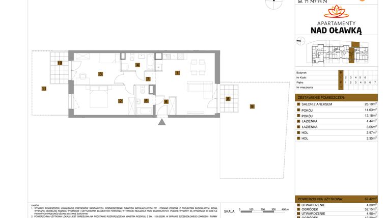 Rzut - Mieszkanie na sprzedaż 3 pokoje o powierzchni 67,42 m² - numer 1 w Apartamenty nad Oławką etap II