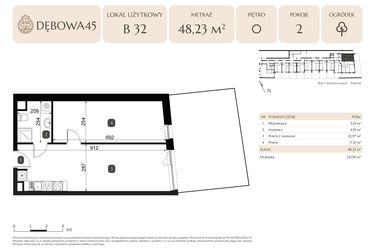 Rzut - Lokal użytkowy na sprzedaż 2 pokoje o powierzchni 48,23 m² - numer B.32 - LU4 w Dębowa 45