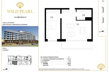 Rzut - Mieszkanie na sprzedaż 2 pokoje o powierzchni 46,84 m² - numer 3.3 w Wild Pearl - apartamenty inwestycyjne