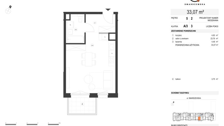 Rzut - Mieszkanie na sprzedaż 1 pokój o powierzchni 33,07 m² - numer A/3/5.2 w Smardzewska 8