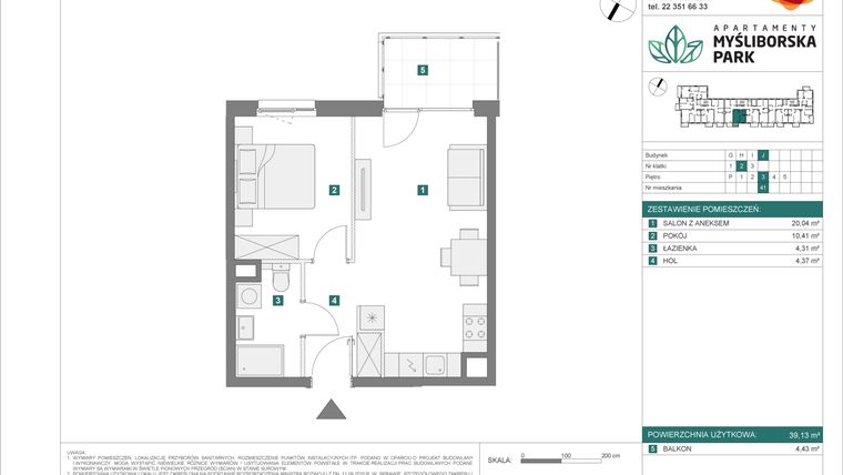 Rzut - Mieszkanie na sprzedaż 2 pokoje o powierzchni 39,13 m² - numer J41 w Apartamenty Myśliborska Park