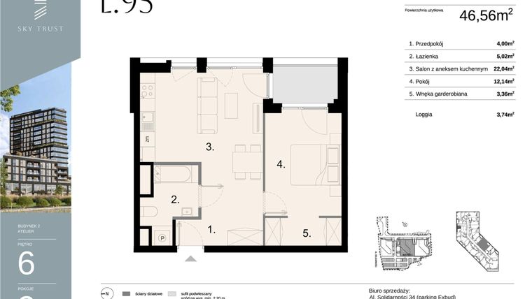 Rzut - Mieszkanie na sprzedaż 2 pokoje o powierzchni 46,56 m² - numer L95 w Sky Trust etap II - apartamenty inwestycyjne 23% VAT PRS