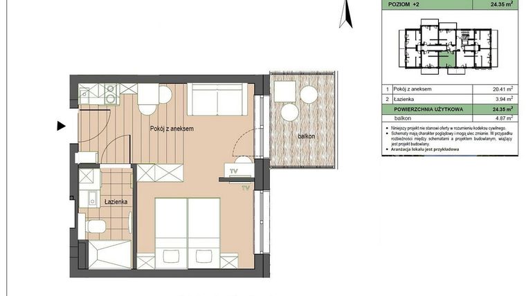 Rzut - Mieszkanie na sprzedaż 2 pokoje o powierzchni 24,35 m² - numer M23 w Stegna Forest 2