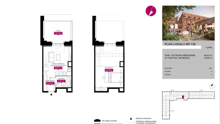 Rzut - Mieszkanie na sprzedaż 1 pokój o powierzchni 46,52 m² - numer G2.136 w Fuzja Lofty